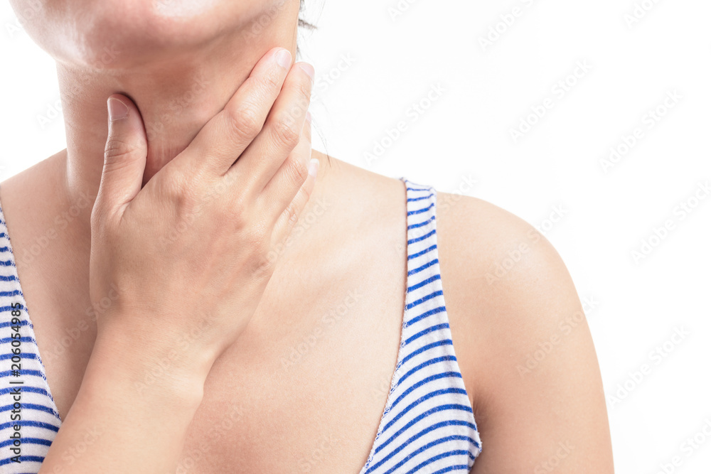 Sore throat pain women. Woman hand touching neck with sore throat feeling bad. Healthcare and medicine concept