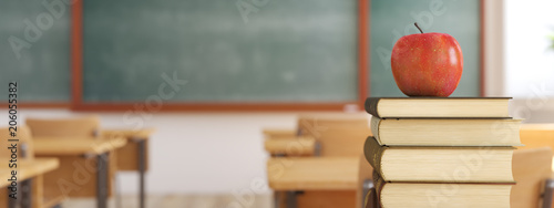 one apple on books in empty school classroom. 3d rendering