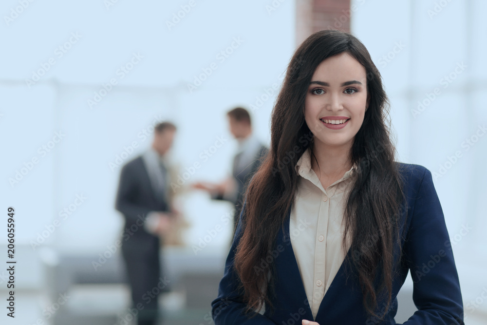 Portrait of businesspeople working with female leader in front. Portrait of businesspeople working with female leader in front.