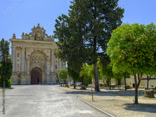 View of front face of Monastery Cartuja de Santa Maria de la Defension de Jerez outside the town of Lomopardo, Andalucia, Spain photo