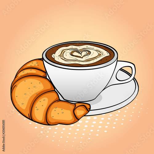 Pop art background, breakfast, coffee with cream and croissant. Vector photo