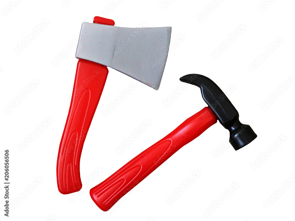 Plastic axe and hammer, children's toys isolated Plastic axe and hammer, children's toys isolated