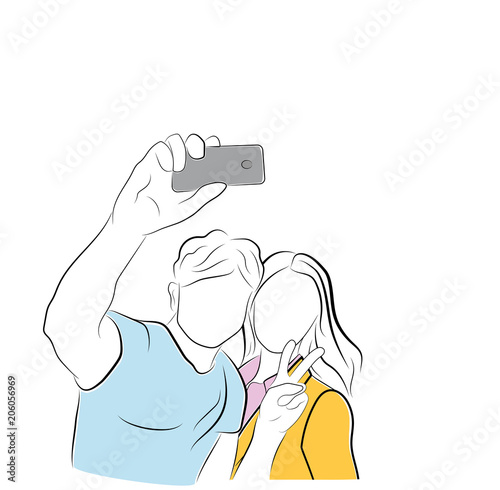 A guy with a girl is making a selfie. vector illustration.