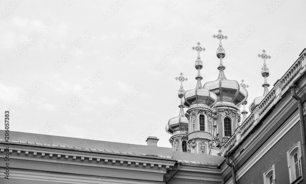 St. Petersburg church in Pushkin, late autumn, in black and white