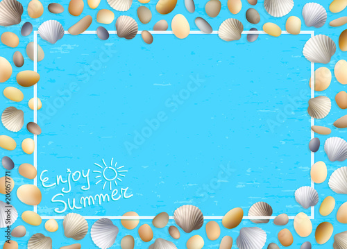 Shells frame. Enjoy summer. Blue grunge background. Stones and seashells vector. Ocean or sea poster. Travel illustration. Tropical beach vacation.