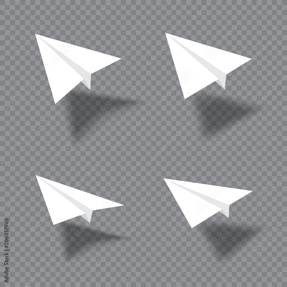 Paper plane set with shade fly over gray transparent background ...