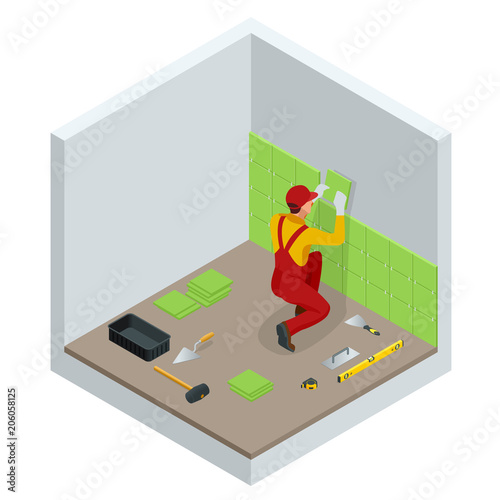 Laying tiles at home. Worker installing small ceramic tiles on bathroom walls and applying mortar with trowel. Isometric vector illustration.