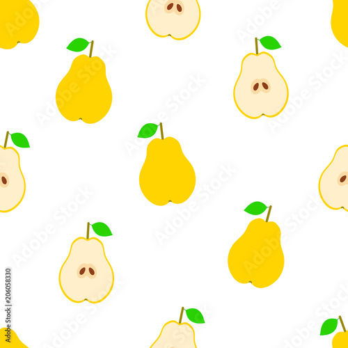 Seamless pattern with colorful pears with leaves on the white background.