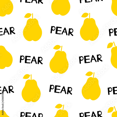 Seamless pattern with silhouettes of the yellow pears  and words Pear on the white background.