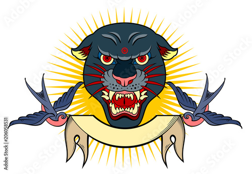 Portrait of a grunted panther in an old skull tattoo style