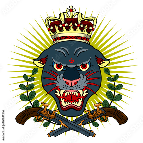 Portrait of a grunted panther in an old skull tattoo style