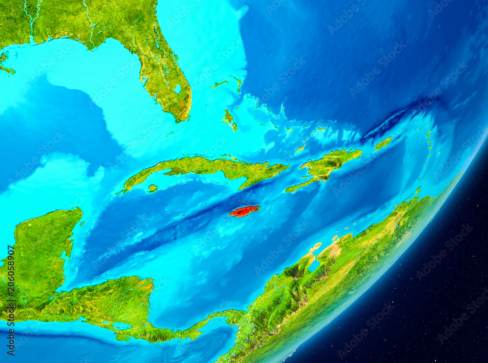 Orbit view of Jamaica in red