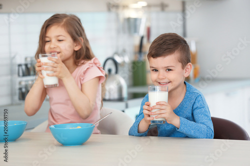 Cute little kids drinking milk in kitchen photo