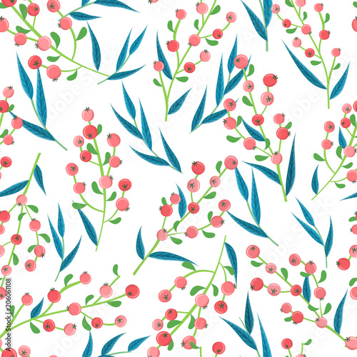 Seamless pattern with red berry and blue leaf. Vector illustration for summer and nature design and background