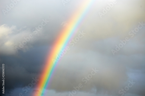 a bright rainbow on a dark stormy sky.