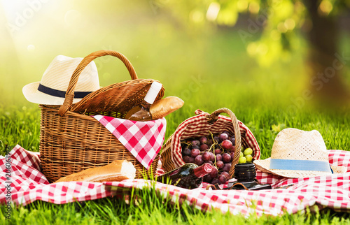 Fotografiet Picnic on a Sunny Day with Red Grapes and Wine