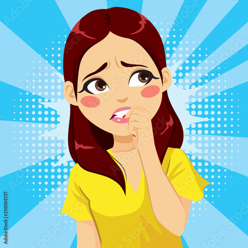 Closeup illustration of woman in fear biting her fingernails anxious comic pop art style cartoon background negative emotion facial expression