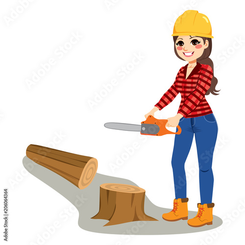 Young brunette standing woman cutting tree wood with chainsaw