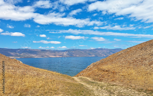 Siberian Lake Baikal on sunny day. View from the Olkhon Island to the Maloye More Strait