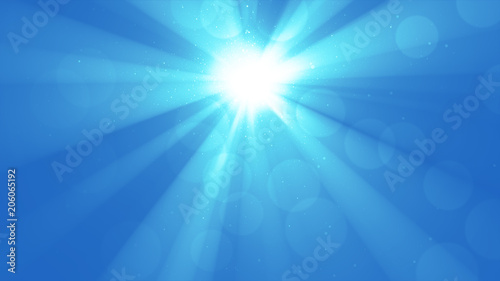 The shining sun with rays of light and bokeh, the sky, the divine radiance, sparkles, the light blue radiant sky