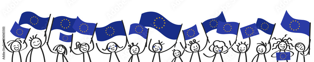 Strichmännchen mit Europaflaggen, Unterstützer der EU, Banner, Befürworter der Europäischen Union - obrazy, fototapety, plakaty 