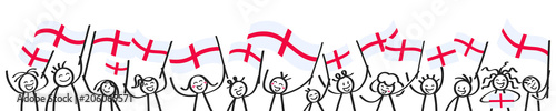 Cheering crowd of happy stick figures with English national flags, smiling England supporters, sports fans isolated on white background