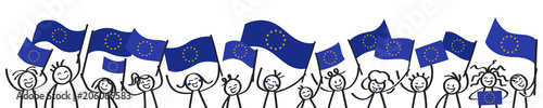 Strichmännchen mit Europaflaggen, Unterstützer der EU, Banner, Befürworter der Europäischen Union