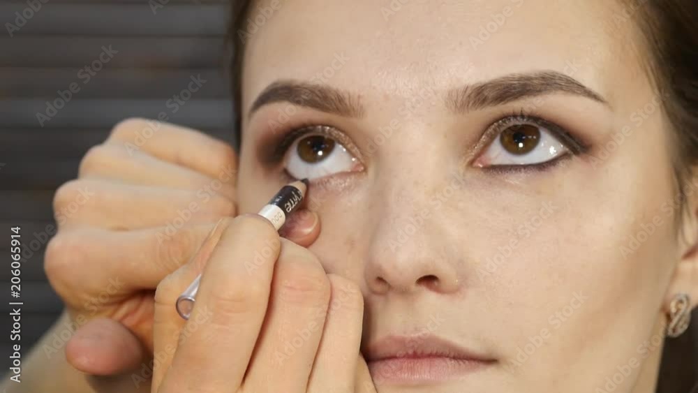 Professional make-up artist makes eye makeup on a client face. beauty fashion industry Professional make-up artist makes eye makeup on a client face. beauty fashion industry