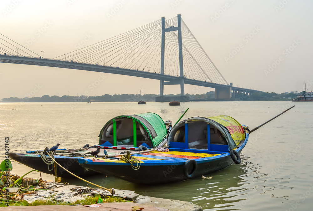 Old wooden boats at the lake bank in Hooghly River Kolkata , sunny day