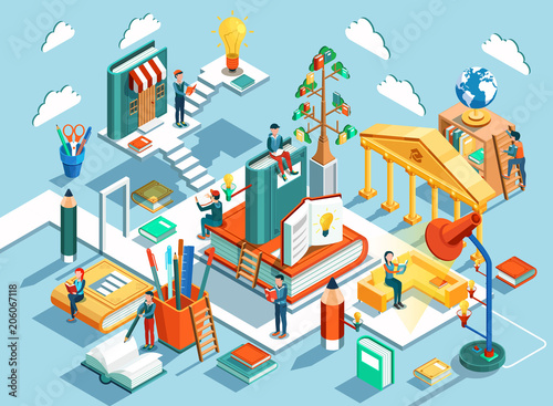 Online education Isometric flat design. The concept of learning and reading books in the library and in the classroom. Vector illustration
