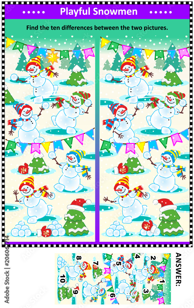 Winter, Christmas or New Year themed visual puzzle with happy playful playful snowmen: Find the ten differences between the two pictures. Answer included.
