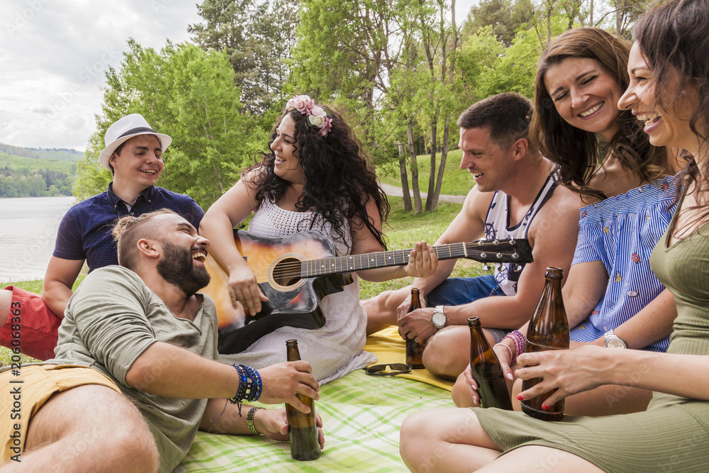 ausgelassene partystimmung unter freunden bei einem picknick im grünen ausgelassene partystimmung unter freunden bei einem picknick im grünen