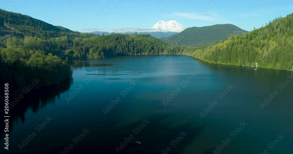 Lake Boat Snowy Mountain View Green Forest Aerial Drone Flight Lake Boat Snowy Mountain View Green Forest Aerial Drone Flight