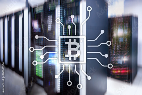 Bitcoin, Blockchain concept on server room background.?