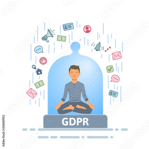 GDPR serenity. Meditating man feeling safe from information stream inside of glass dome. Flat vector illustration. Isolated on white background.