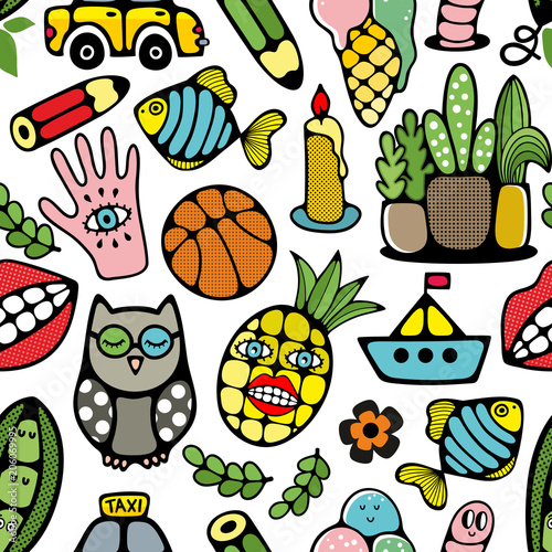 Seamless pattern with doodle characters and objects.