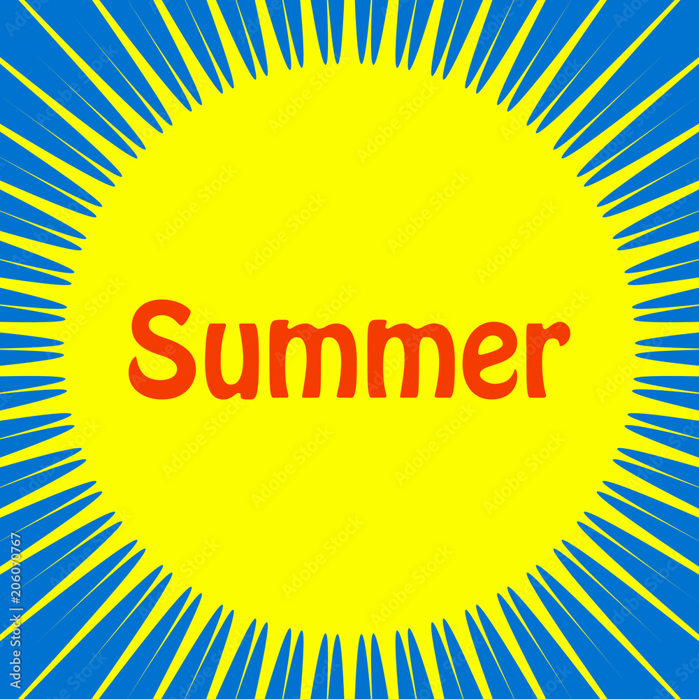Fototapeta Summer poster with a big Yellow sun on a blue background and the word 