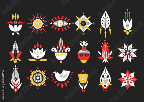 Vector hand-drawn set of african flowers and symbols with textures on a black background.