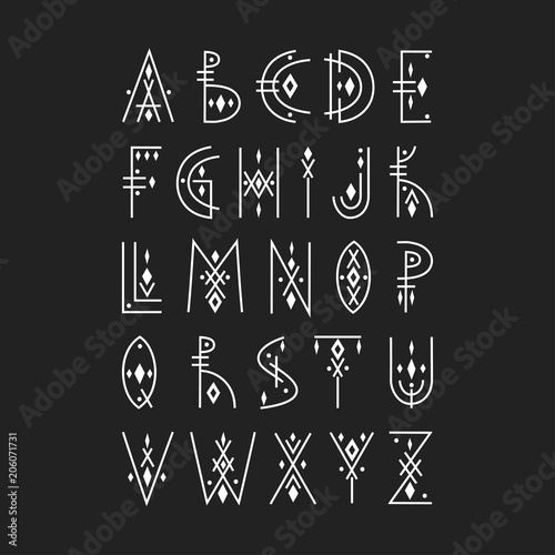Vector alphabet set. Capital letters in geometric indigenous style. For hipster theme, trendy posters.