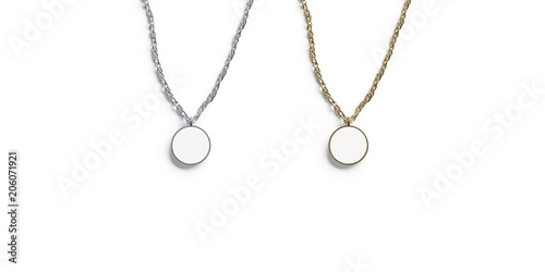 Blank white golden and silver pendant round mockup top view isolated, 3d rendering. Empty gold and argent pendent mock up on chain, template. Clear metal label. photo