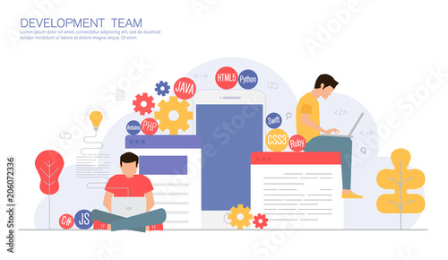 business development team, programming and coding concept, modern vector illustration