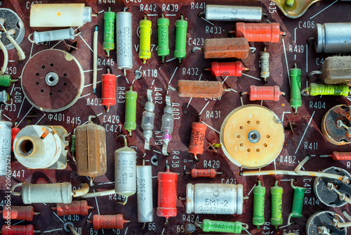 old manually hand-welded chip with a lot of transistors and wires.