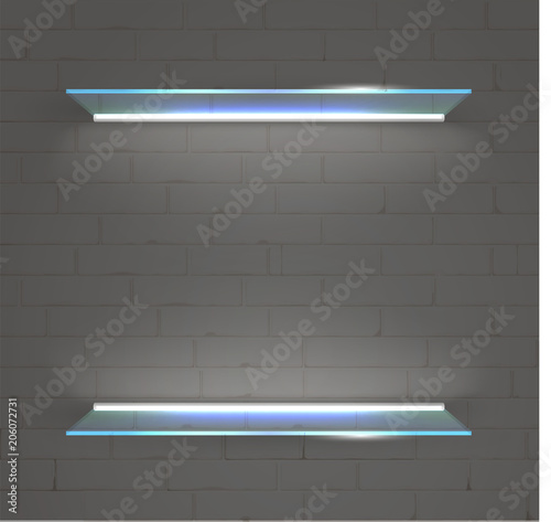 Glass shelves for goods. Decorative led lighting. Modern furniture and the trading equipment. Vector.