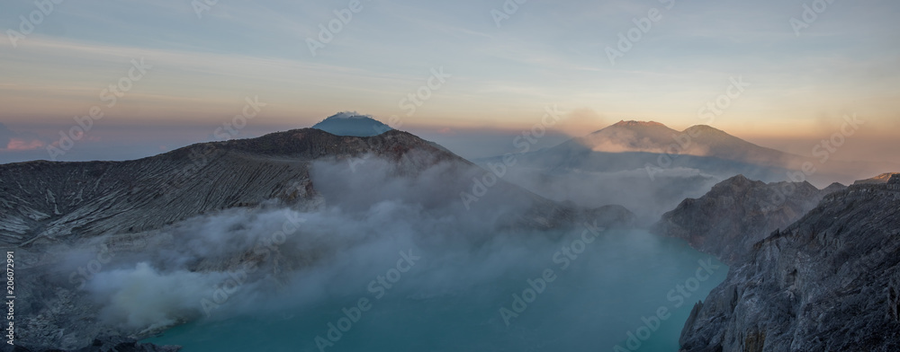 Panorama view on crater Kawah Ijen. At Bondowoso, Indonesia low light. Panorama view on crater Kawah Ijen. At Bondowoso, Indonesia low light.