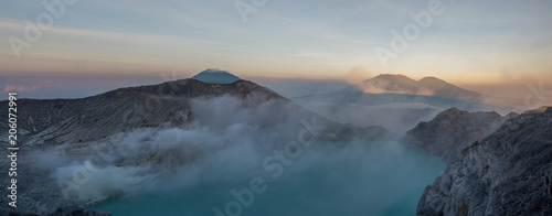 Panorama view on crater Kawah Ijen. At Bondowoso, Indonesia low light.