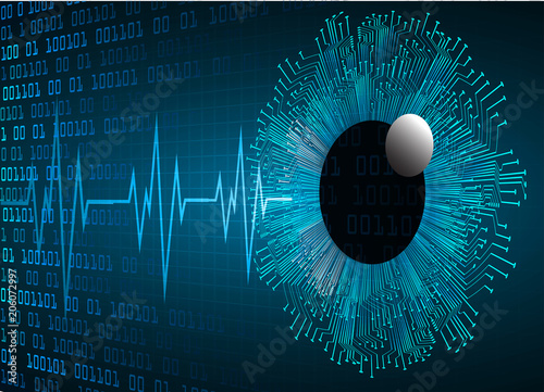 binary circuit board future technology, blue eye cyber security concept background, abstract hi speed digital internet.motion move blur. pixel vector