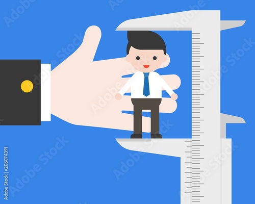Big hand of hr using vernier measurement businessman, evaluate and KPI of personal employee value concept