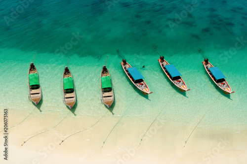 Long tail boat on the beach.Wonderful background.Aerial view from Andaman beach.