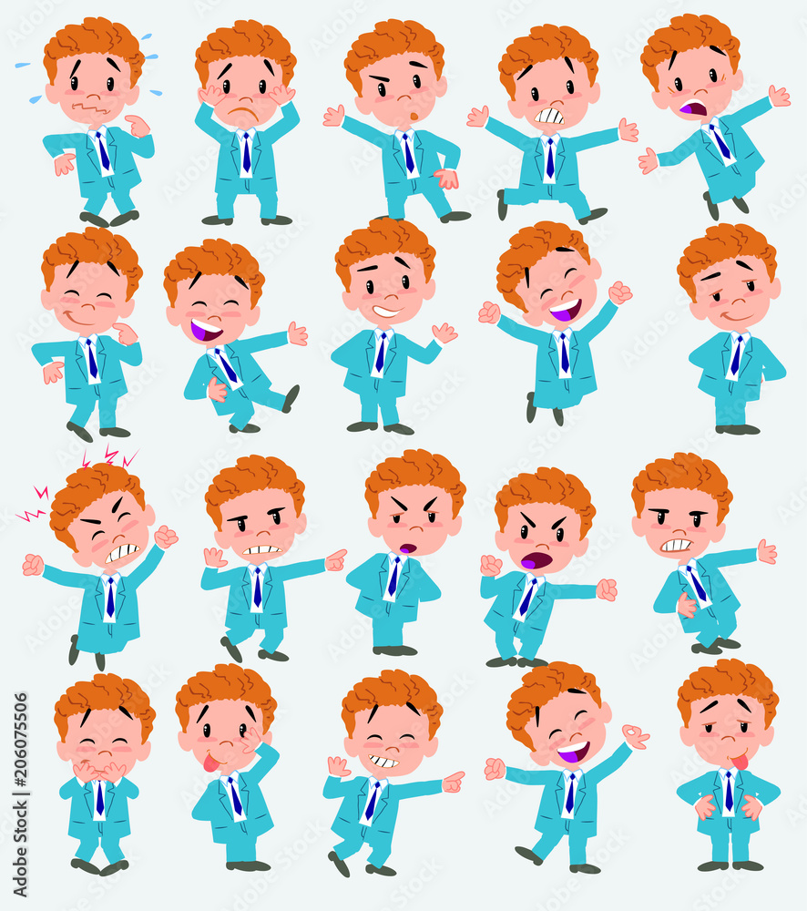 Cartoon character businessman. Set with different postures, attitudes and poses, doing different activities in isolated vector illustrations.