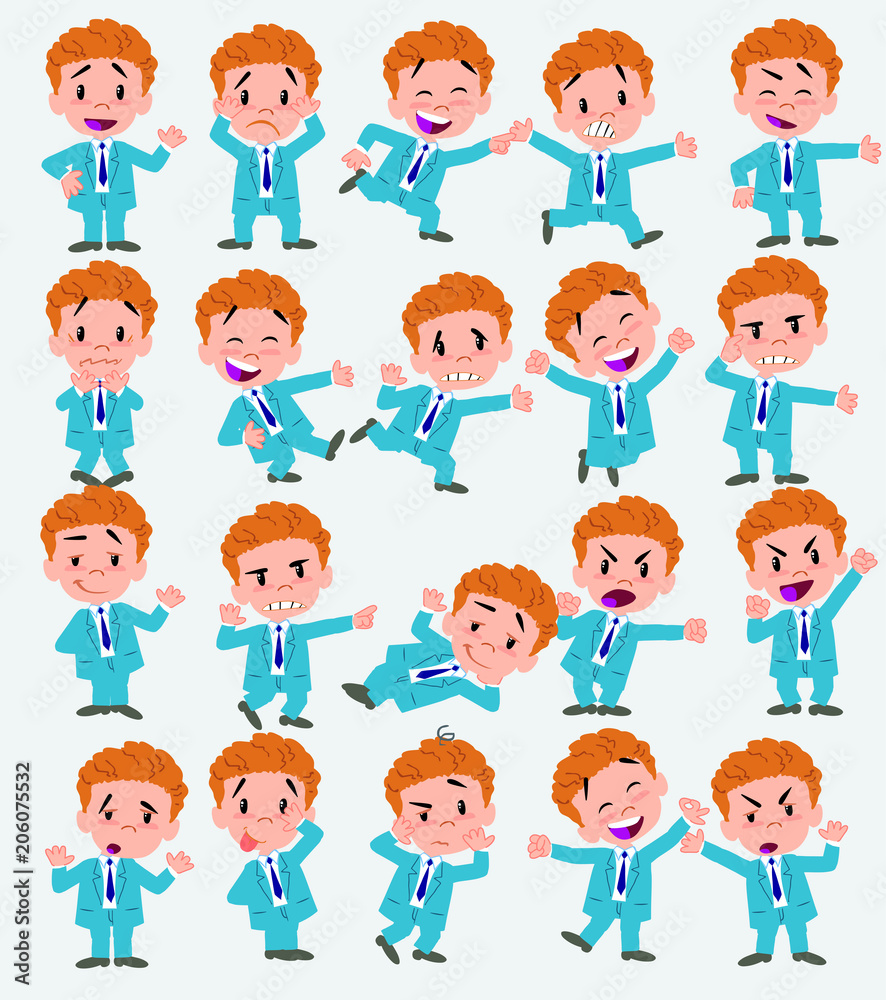 Cartoon character businessman. Set with different postures, attitudes and poses, doing different activities in isolated vector illustrations.